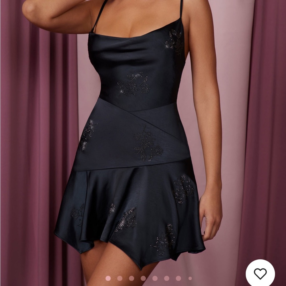 Oh Polly Cowl Neck Handkerchief Hem Mini
Dress in Navy Blue